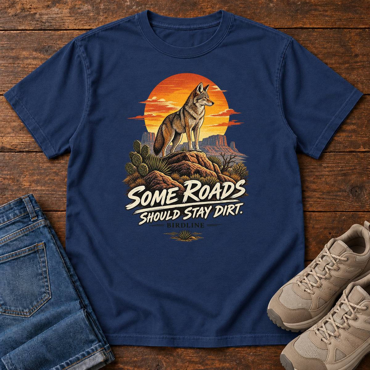 Some Roads Should Stay Dirt Coyote T-Shirt in True Navy