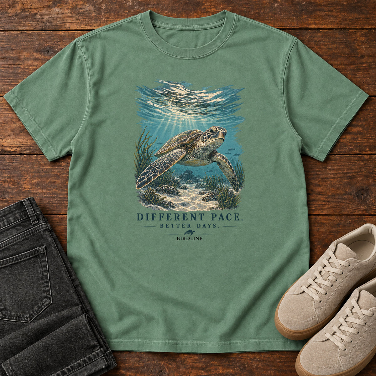 Different Pace Better Days Turtle T-Shirt in Light Green