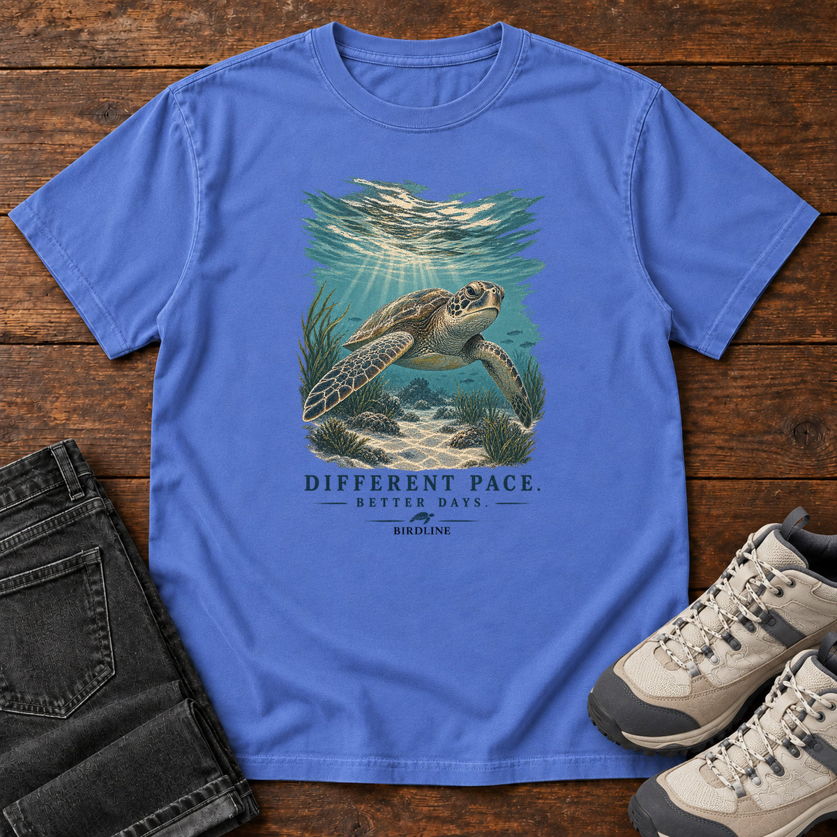 Different Pace Better Days Turtle T-Shirt in Mystic Blue