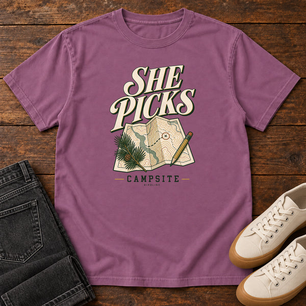 She Picks the Campsite T-Shirt in Berry, front view