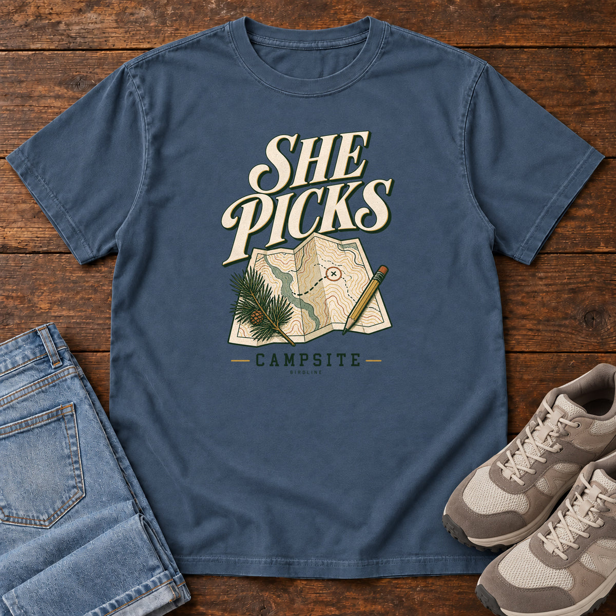 Midnight She Picks the Campsite T-Shirt with cream lettering, a folded map, pencil and evergreen sprig, front flat lay on wood.