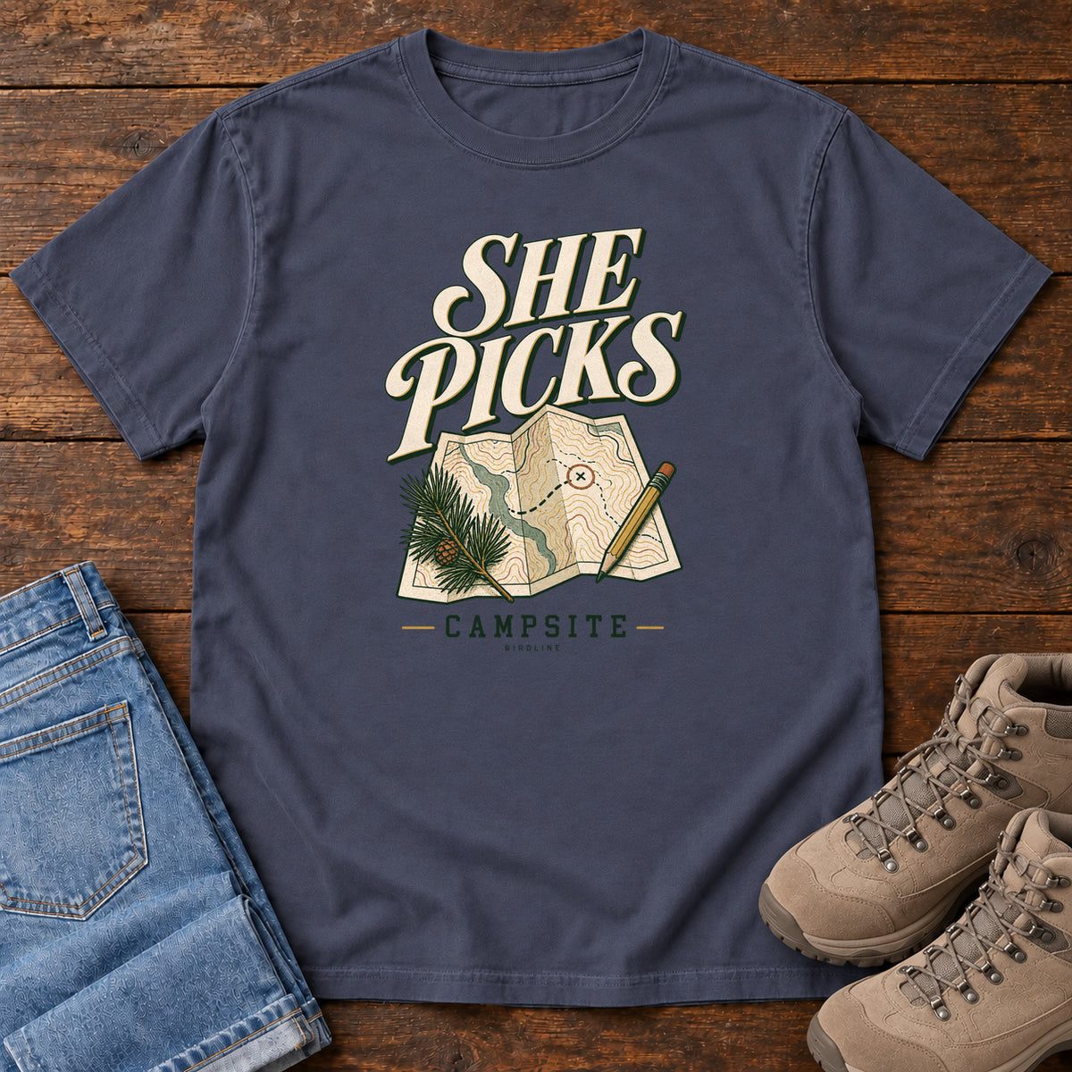 Navy She Picks the Campsite T-Shirt with cream lettering, a folded map, pencil and evergreen sprig, front flat lay on wood.