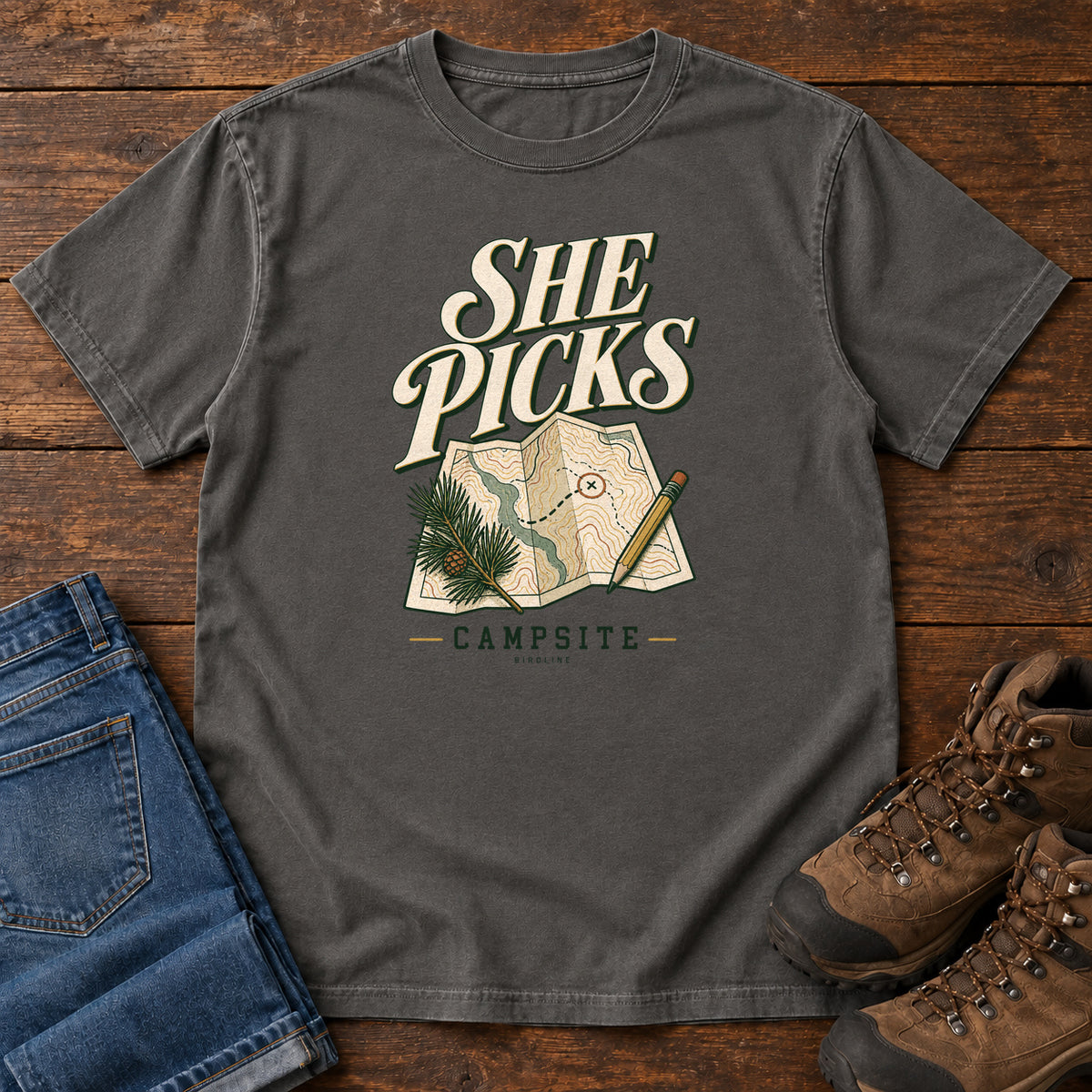 Pepper She Picks the Campsite T-Shirt with cream lettering, a folded map, pencil and evergreen sprig, front flat lay on wood.