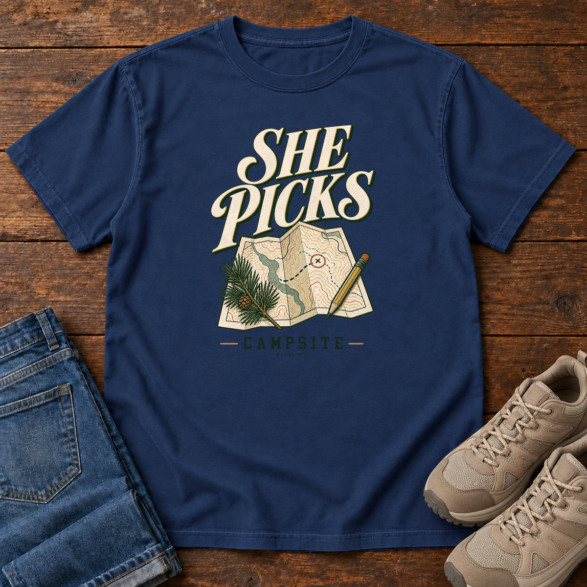 True Navy She Picks the Campsite T-Shirt with cream lettering, a folded map, pencil and evergreen sprig, front flat lay on wood.