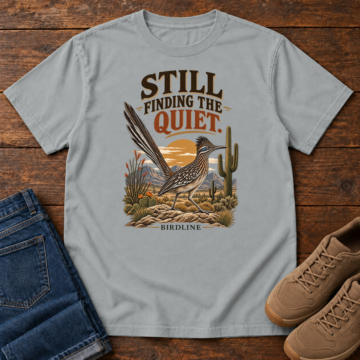 Still Finding the Quiet Roadrunner T-Shirt in Granite