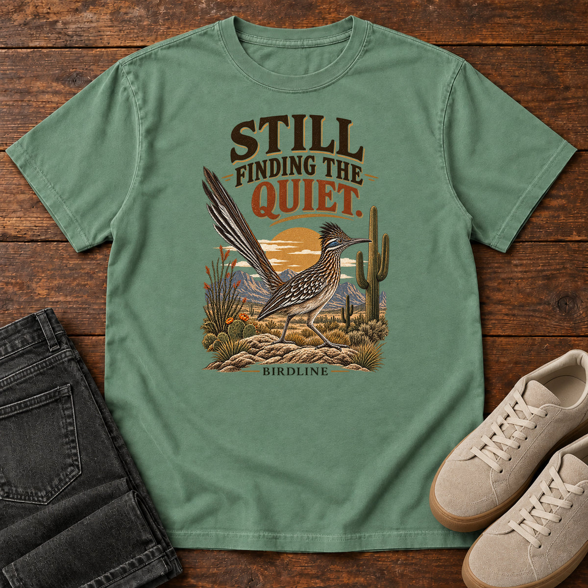 Still Finding the Quiet Roadrunner T-Shirt in Light Green