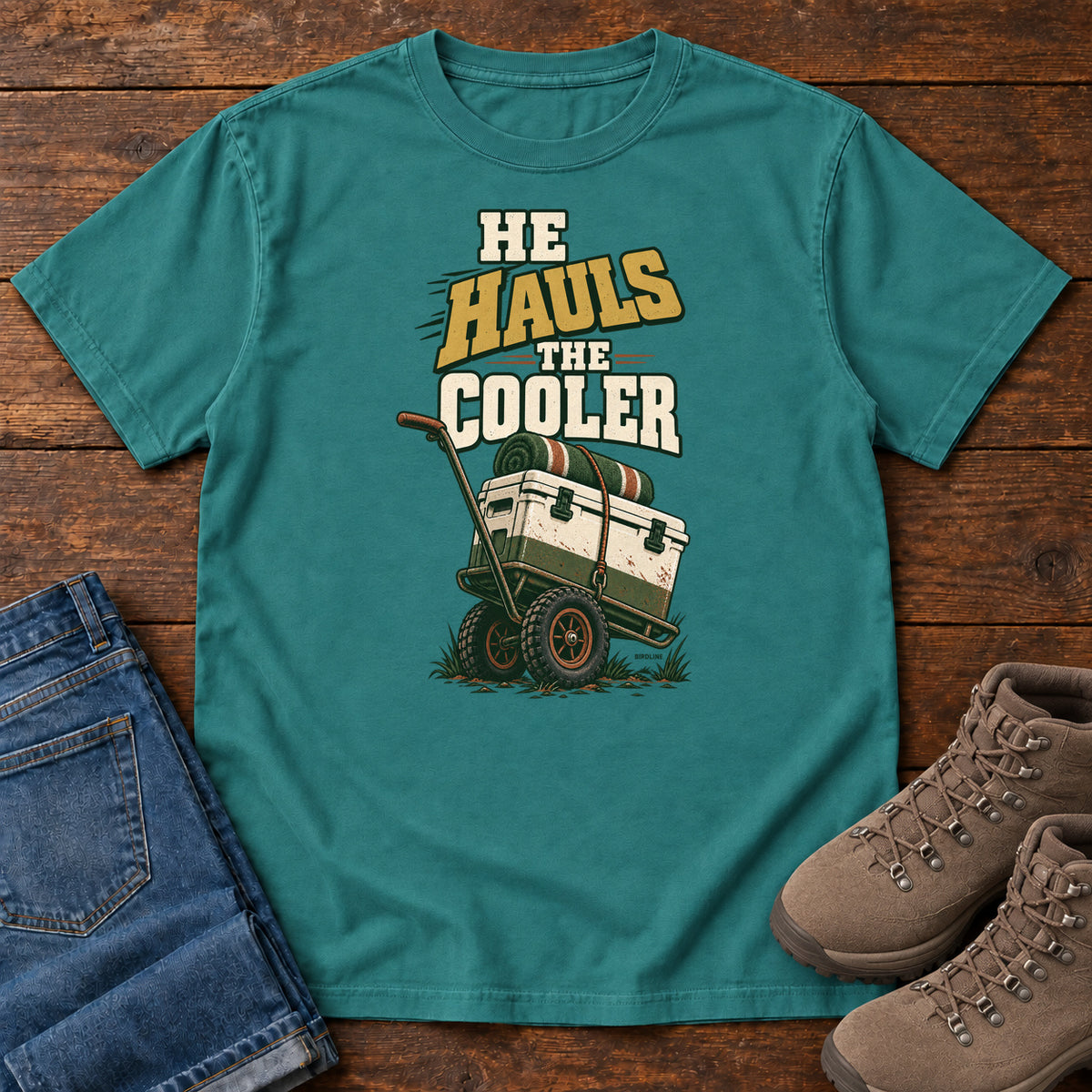 Emerald He Hauls the Cooler T-Shirt with a cooler on a two-wheeled cart beneath He Hauls the Cooler lettering; front flat lay on wood.