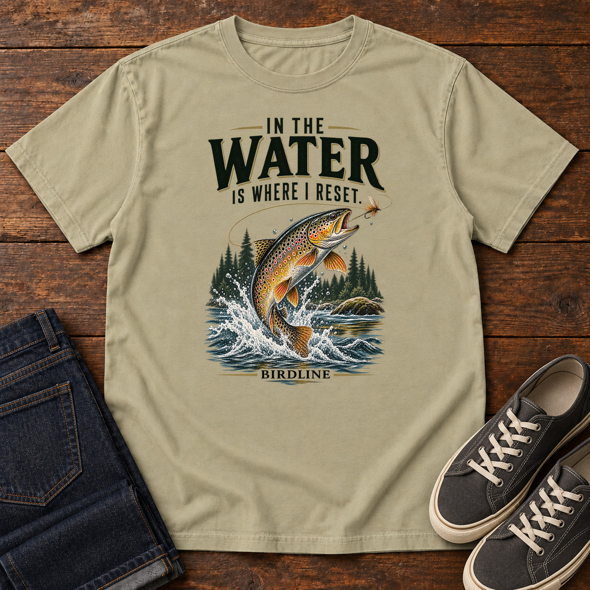 In the Water Is Where I Reset Trout T-Shirt in Khaki