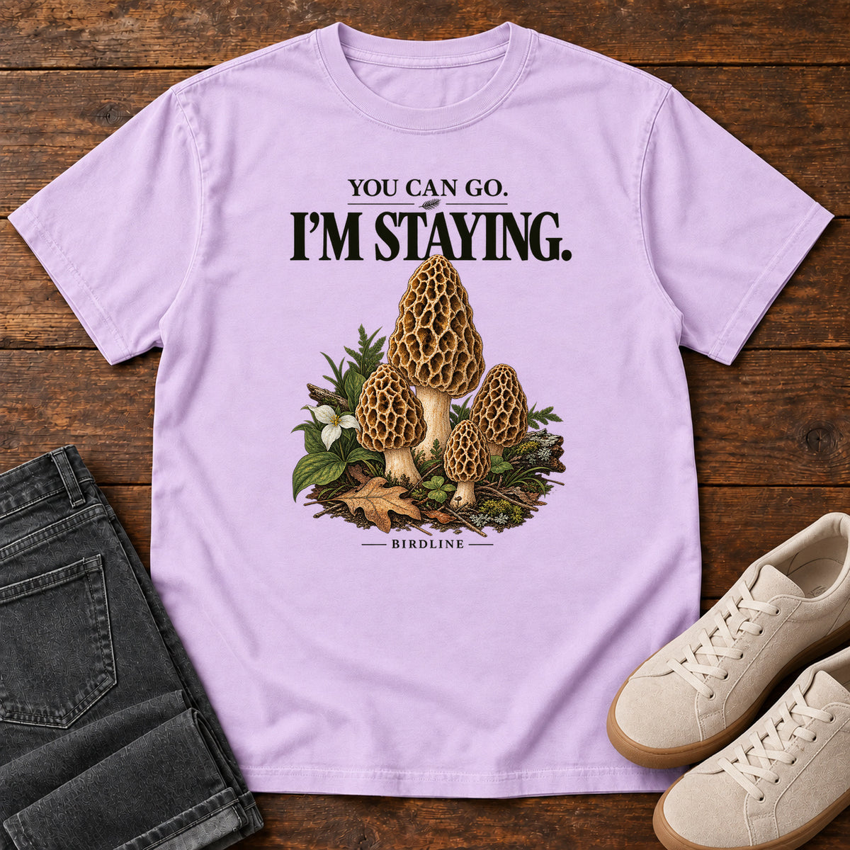 You Can Go I'm Staying Morel Mushrooms T-Shirt in Orchid