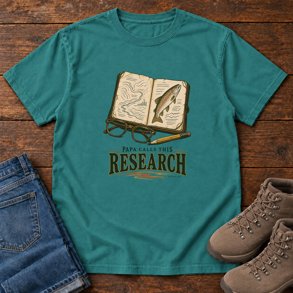 Emerald Papa Calls This Research T-Shirt with an open field notebook showing a map and fish, with glasses and a pencil, front flat lay on wood.