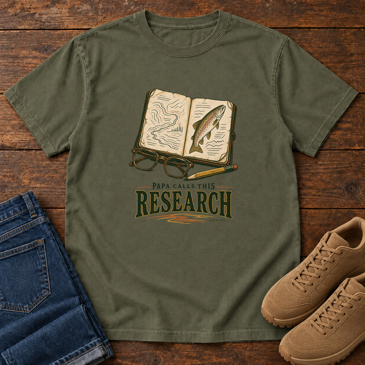 Sage Papa Calls This Research T-Shirt with an open field notebook showing a map and fish, with glasses and a pencil, front flat lay on wood.