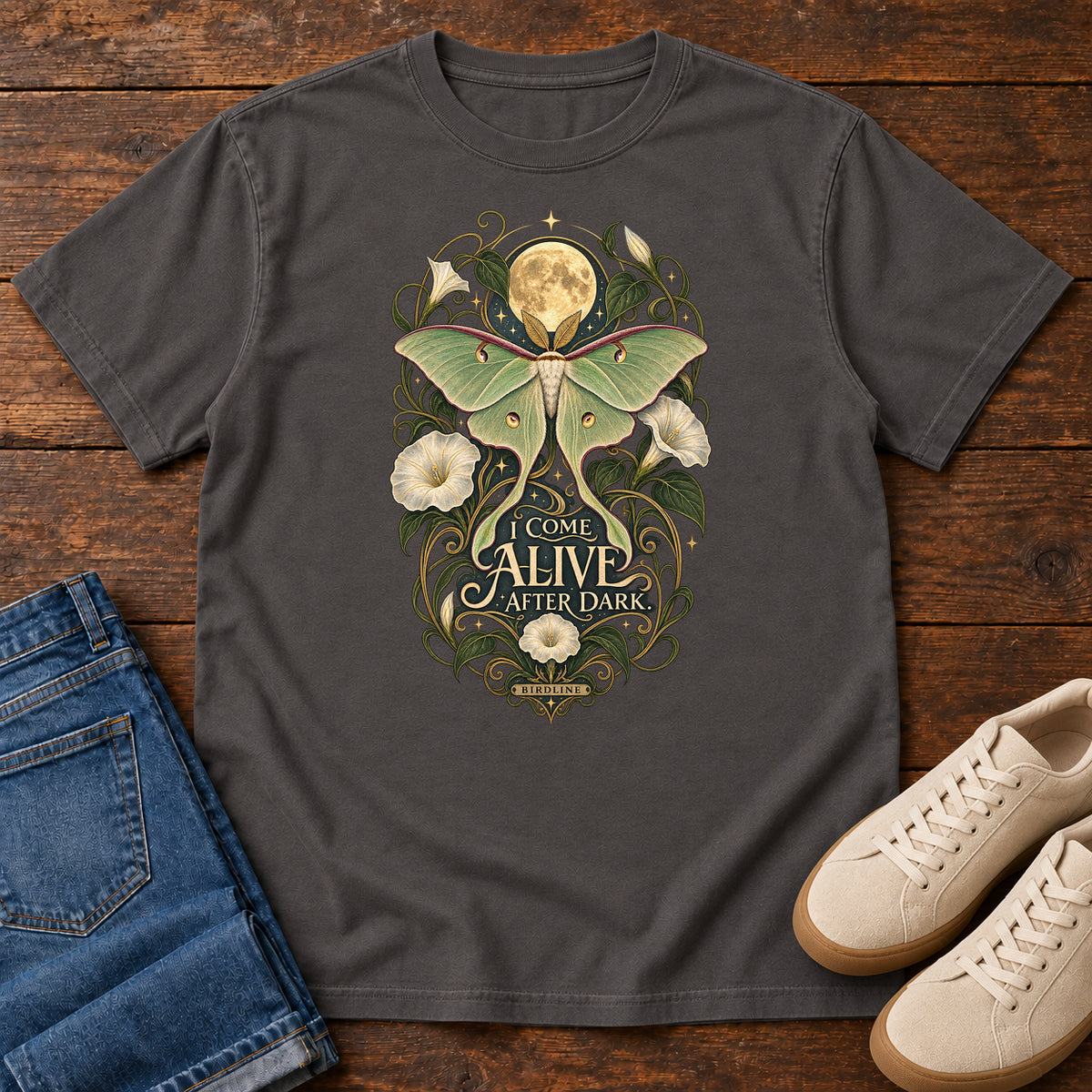 I Come Alive After Dark Moth T-Shirt – Moonlit in Graphite