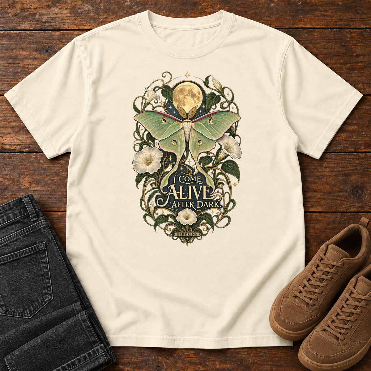 I Come Alive After Dark Moth T-Shirt – Moonlit in Ivory