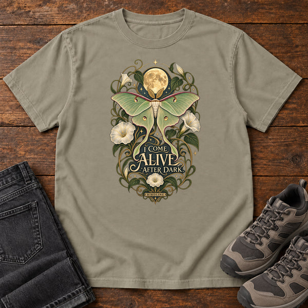 I Come Alive After Dark Moth T-Shirt – Moonlit in Sandstone, front view