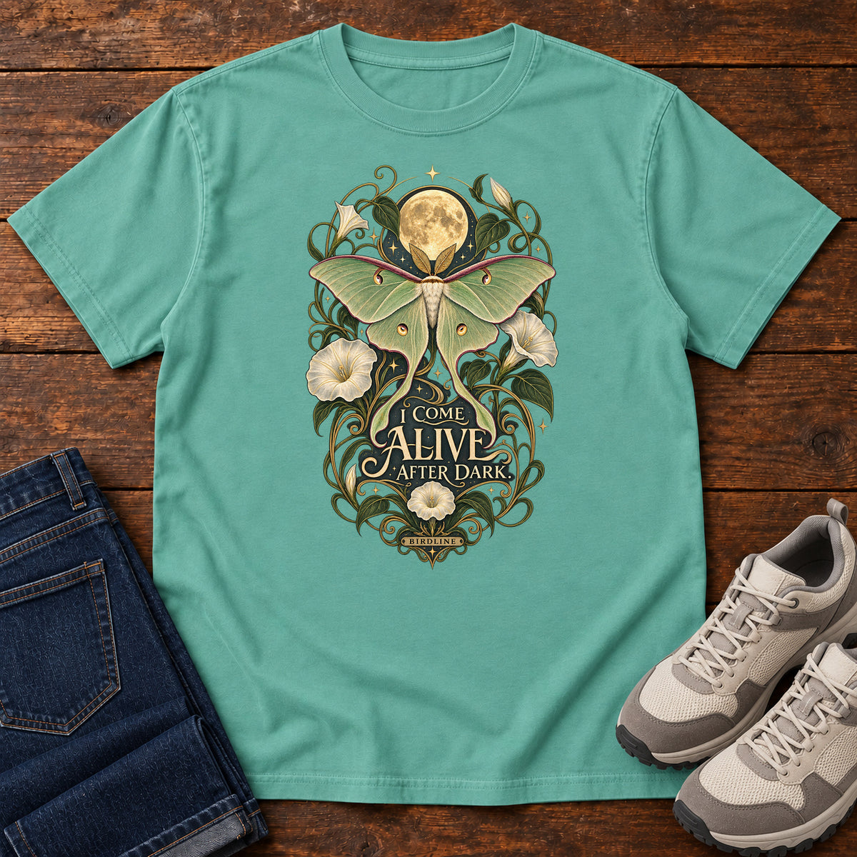 I Come Alive After Dark Moth T-Shirt – Moonlit in Seafoam