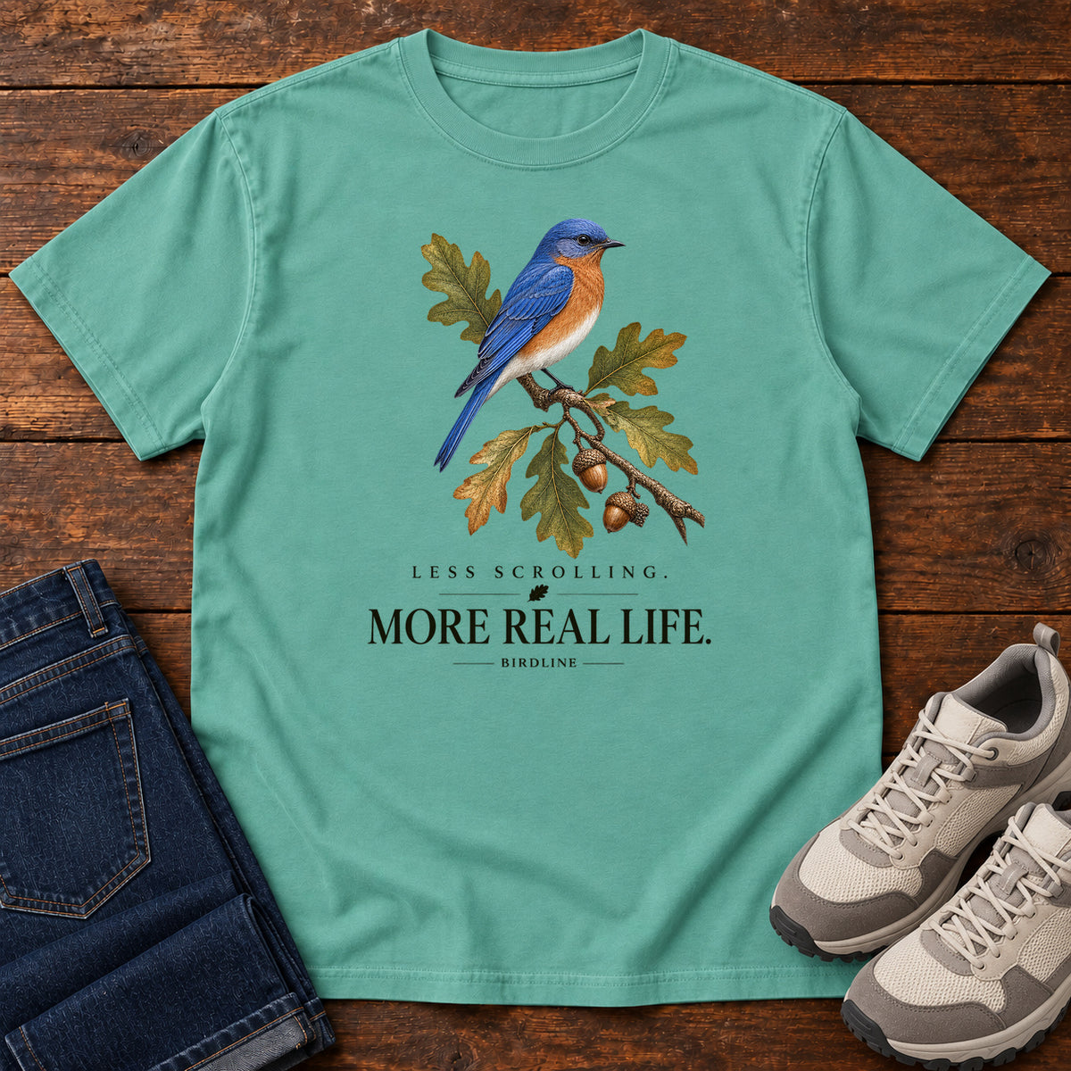 Less Scrolling More Real Life Bluebird T-Shirt in Seafoam