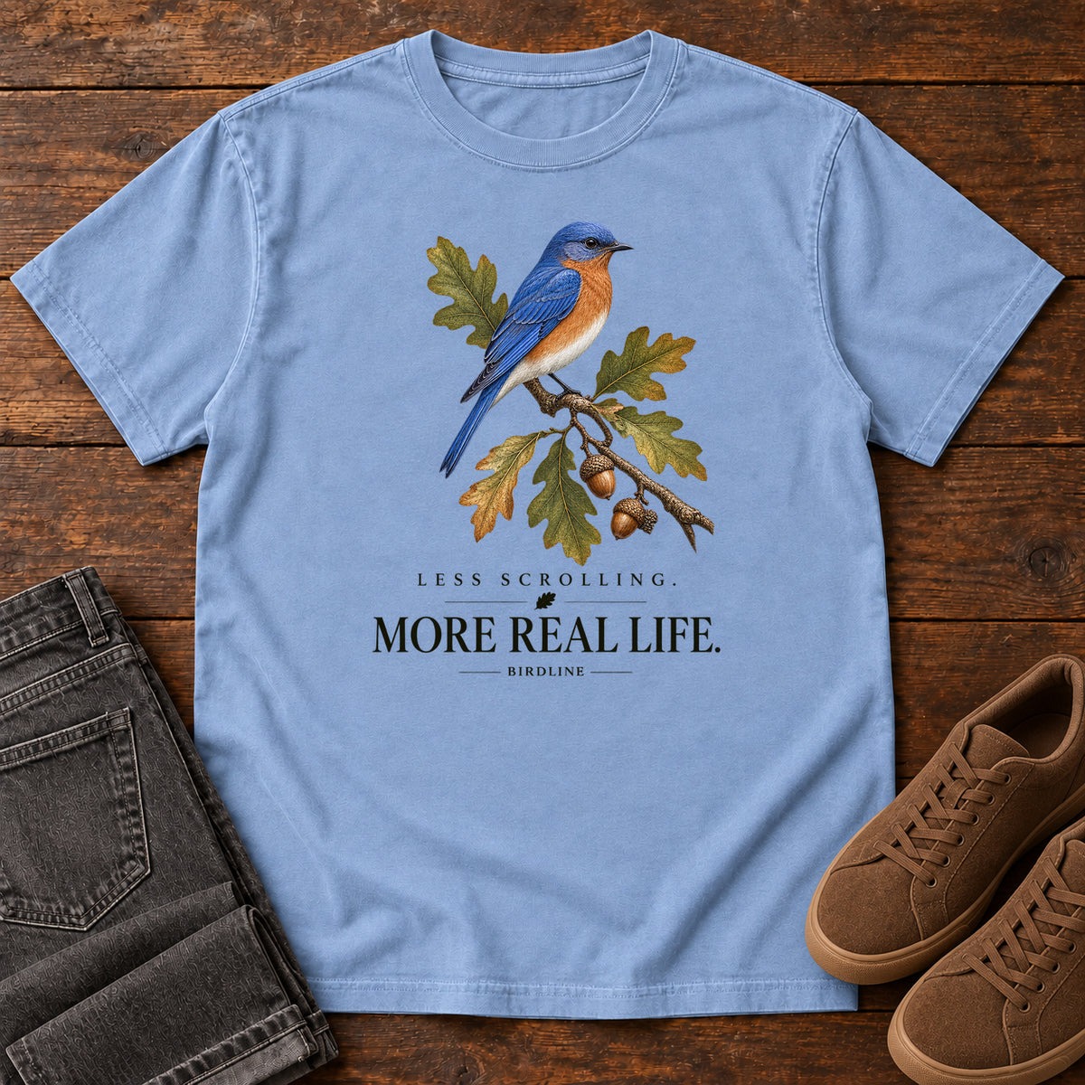 Less Scrolling More Real Life Bluebird T-Shirt in Washed Denim