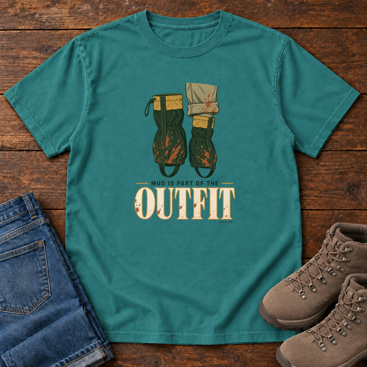 Emerald Mud Is Part of the Outfit T-Shirt with mud-splashed green boots and cream lettering, front flat lay on wood.