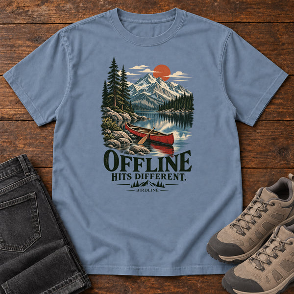 Offline Hits Different Canoe T-Shirt in Blue Jean, front view