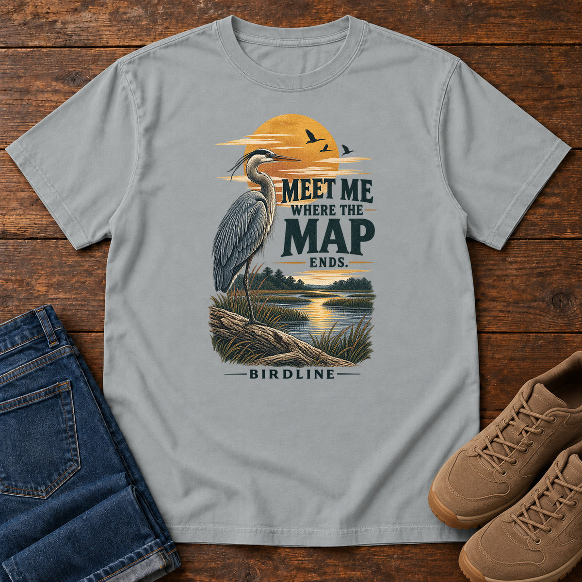 Meet Me Where the Map Ends Heron T-Shirt in Granite