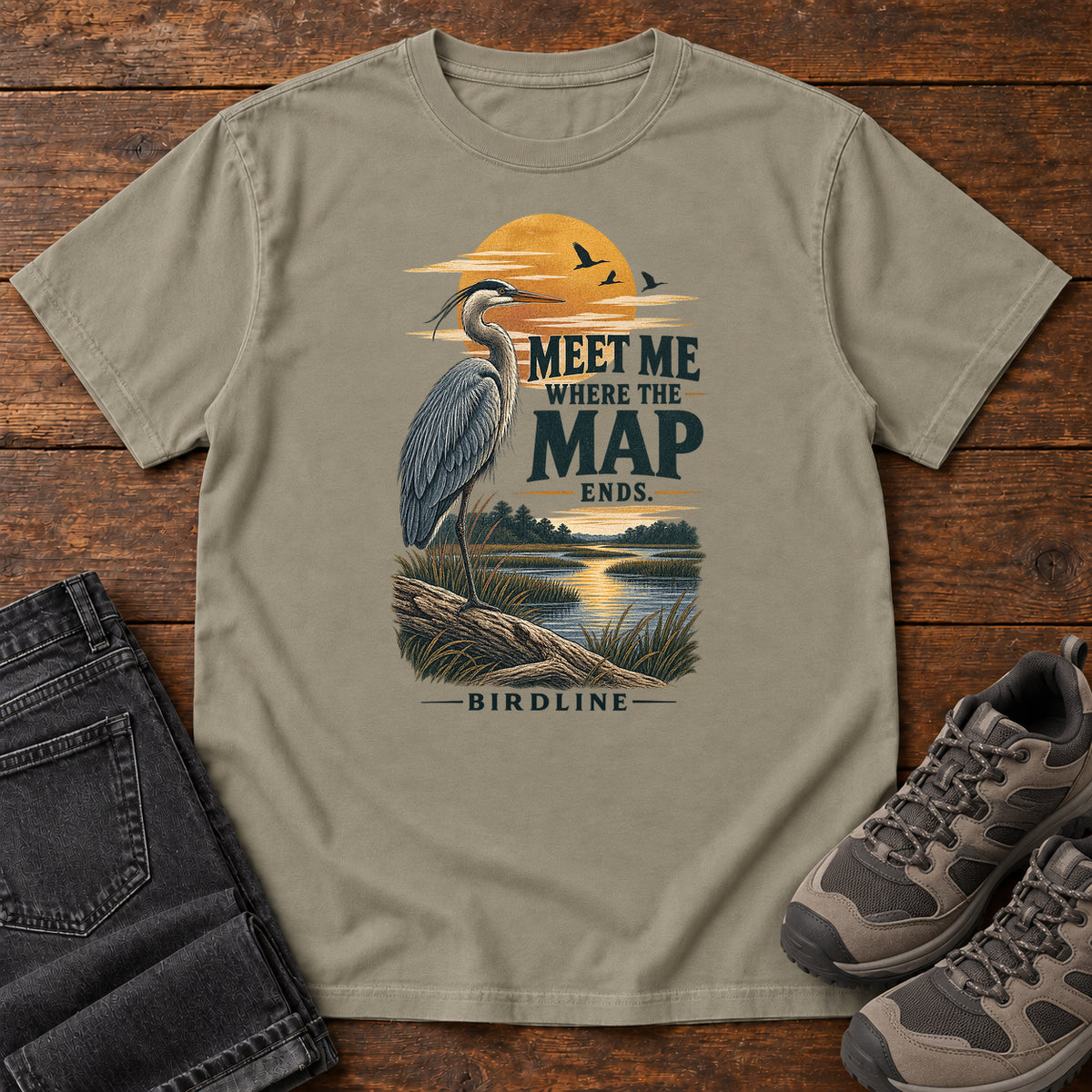 Meet Me Where the Map Ends Heron T-Shirt in Sandstone