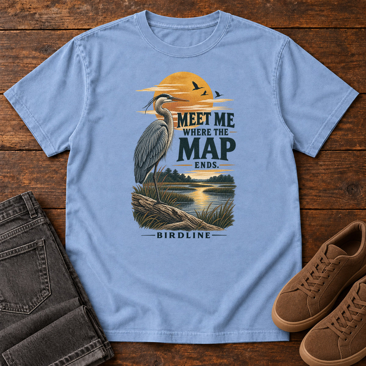 Meet Me Where the Map Ends Heron T-Shirt in Washed Denim
