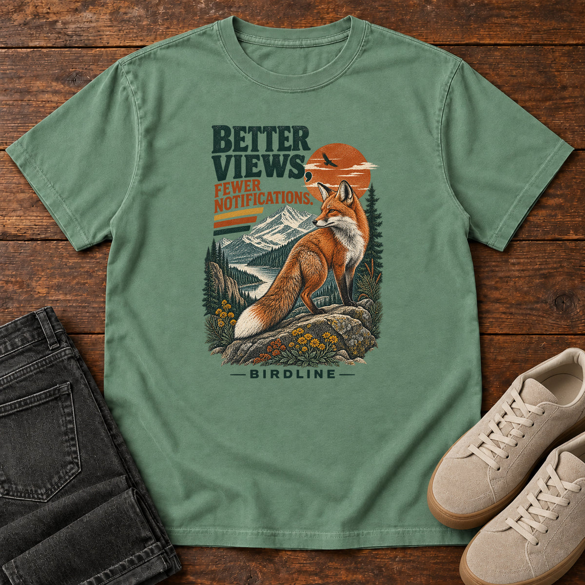 Better Views Fewer Notifications Fox T-Shirt in Light Green
