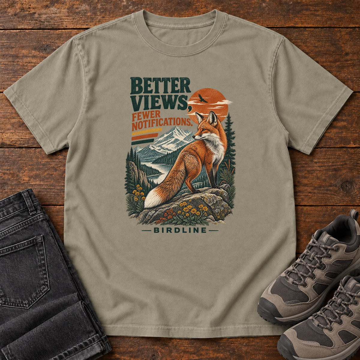 Better Views Fewer Notifications Fox T-Shirt in Sandstone