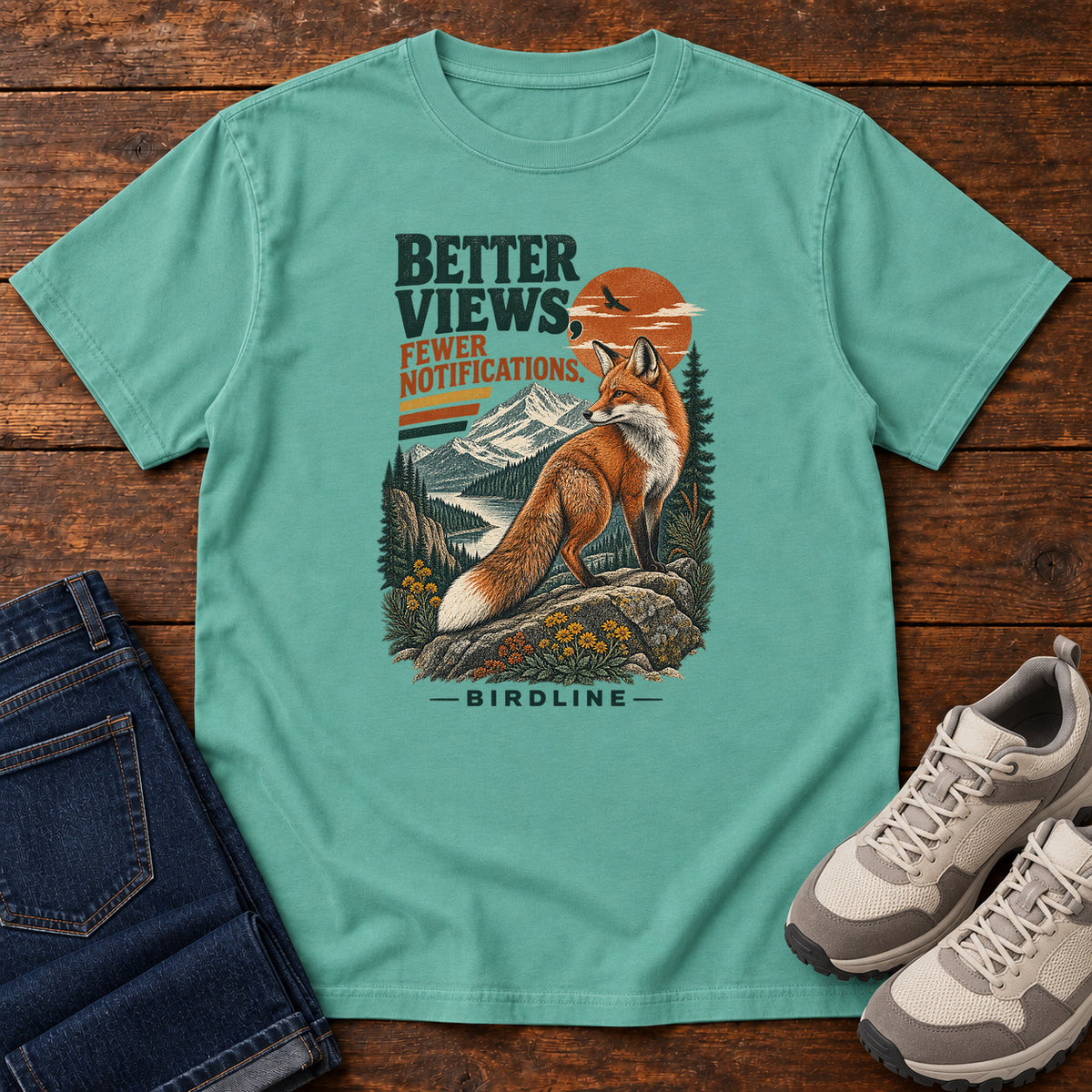 Better Views Fewer Notifications Fox T-Shirt in Seafoam