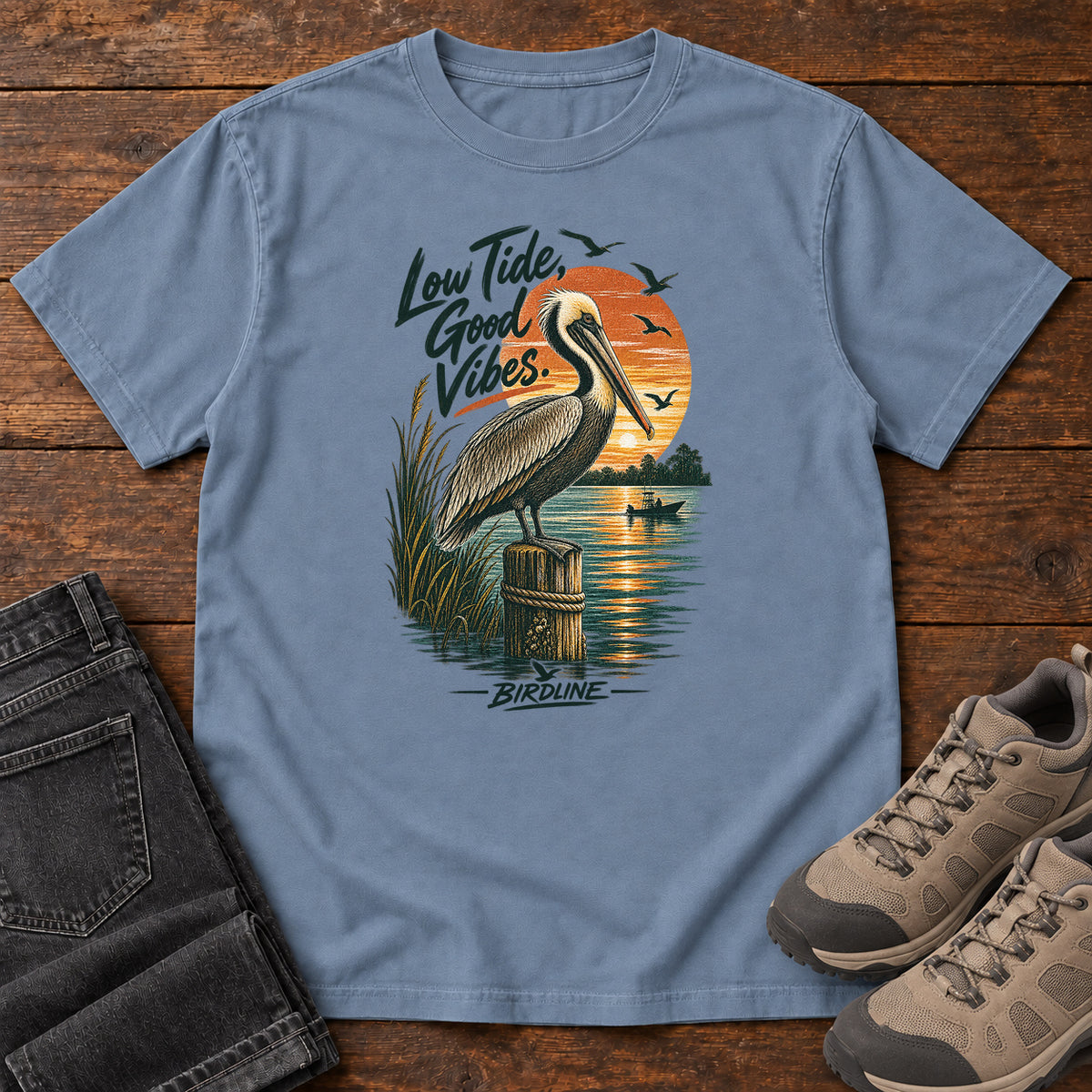 Low Tide Good Vibes Pelican T-Shirt in Blue Jean