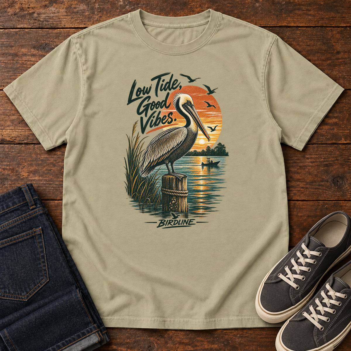 Low Tide Good Vibes Pelican T-Shirt in Khaki