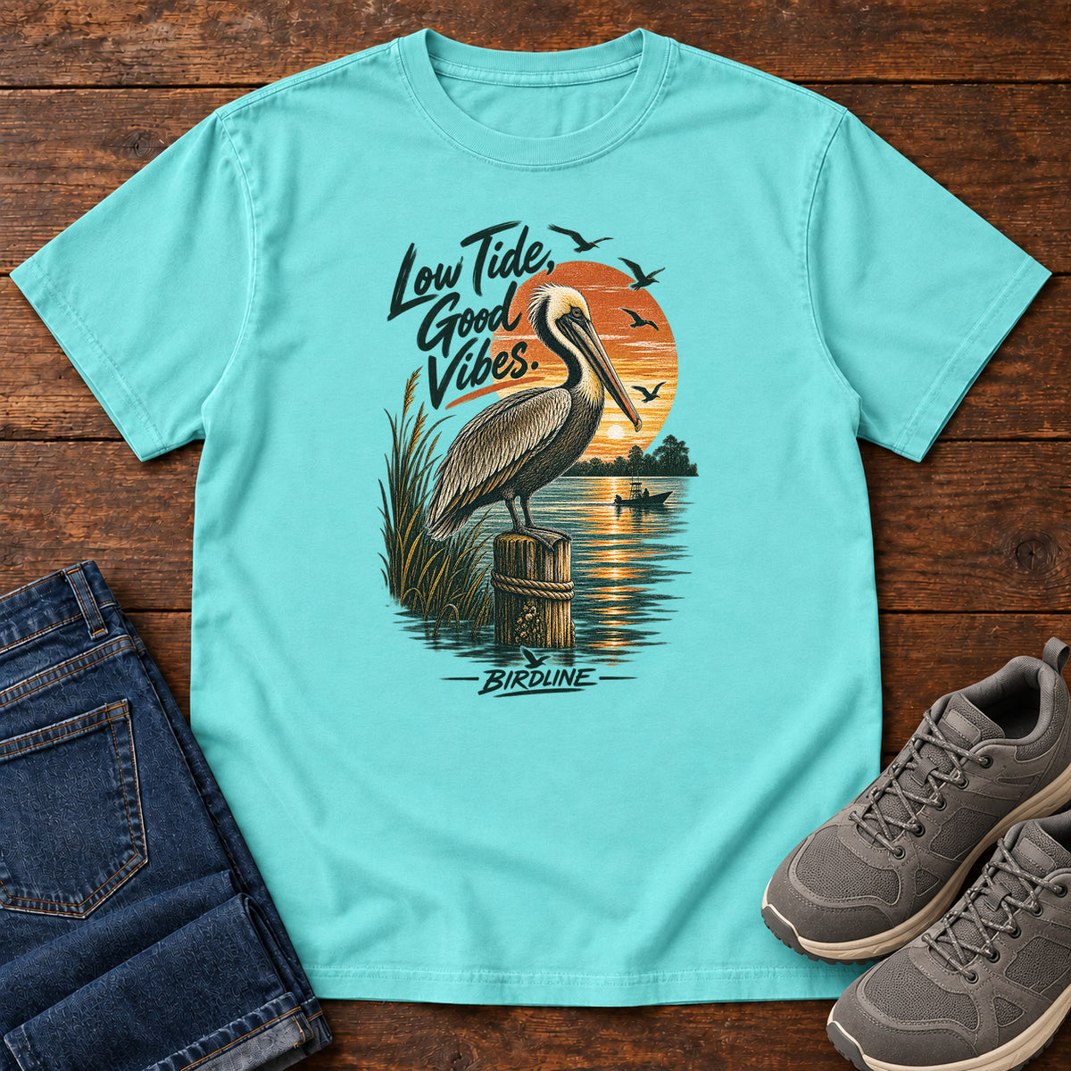 Low Tide Good Vibes Pelican T-Shirt in Lagoon Blue