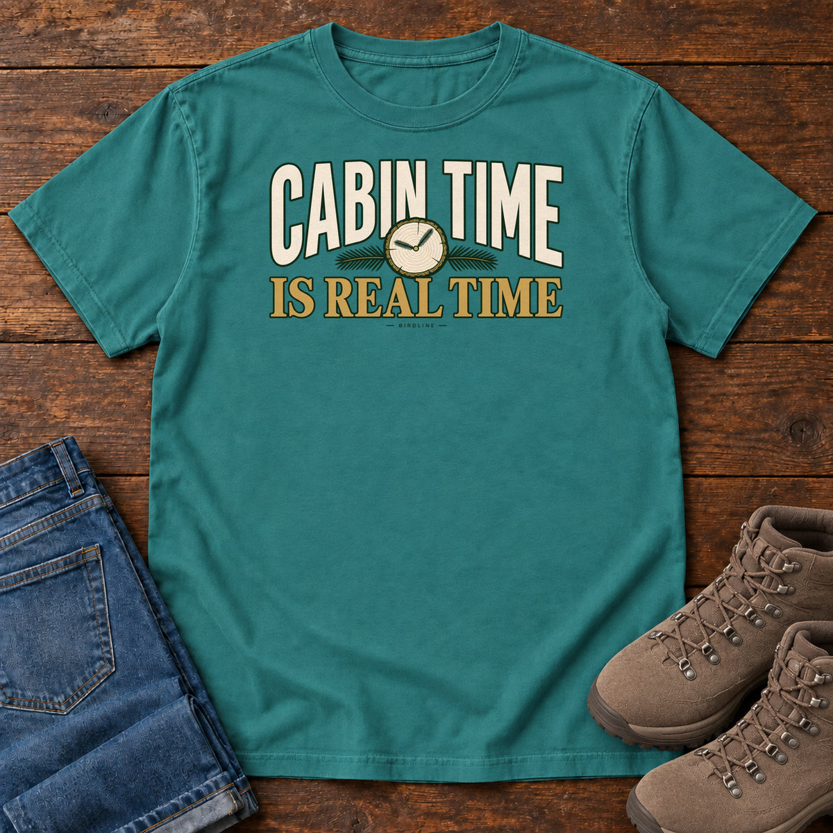 Emerald Cabin Time Is Real Time T-Shirt with cream and gold lettering surrounding a small clock illustration, front flat lay on wood.