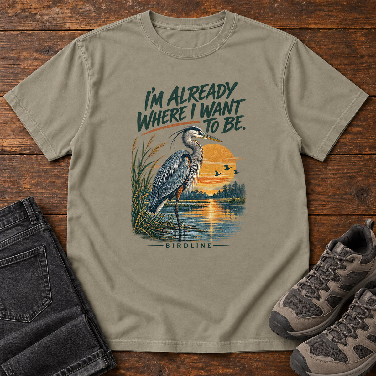 I'm Already Where I Want to Be Heron T-Shirt in Sandstone