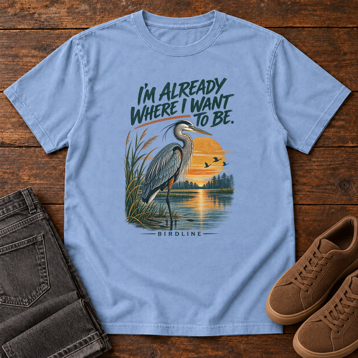 I'm Already Where I Want to Be Heron T-Shirt in Washed Denim