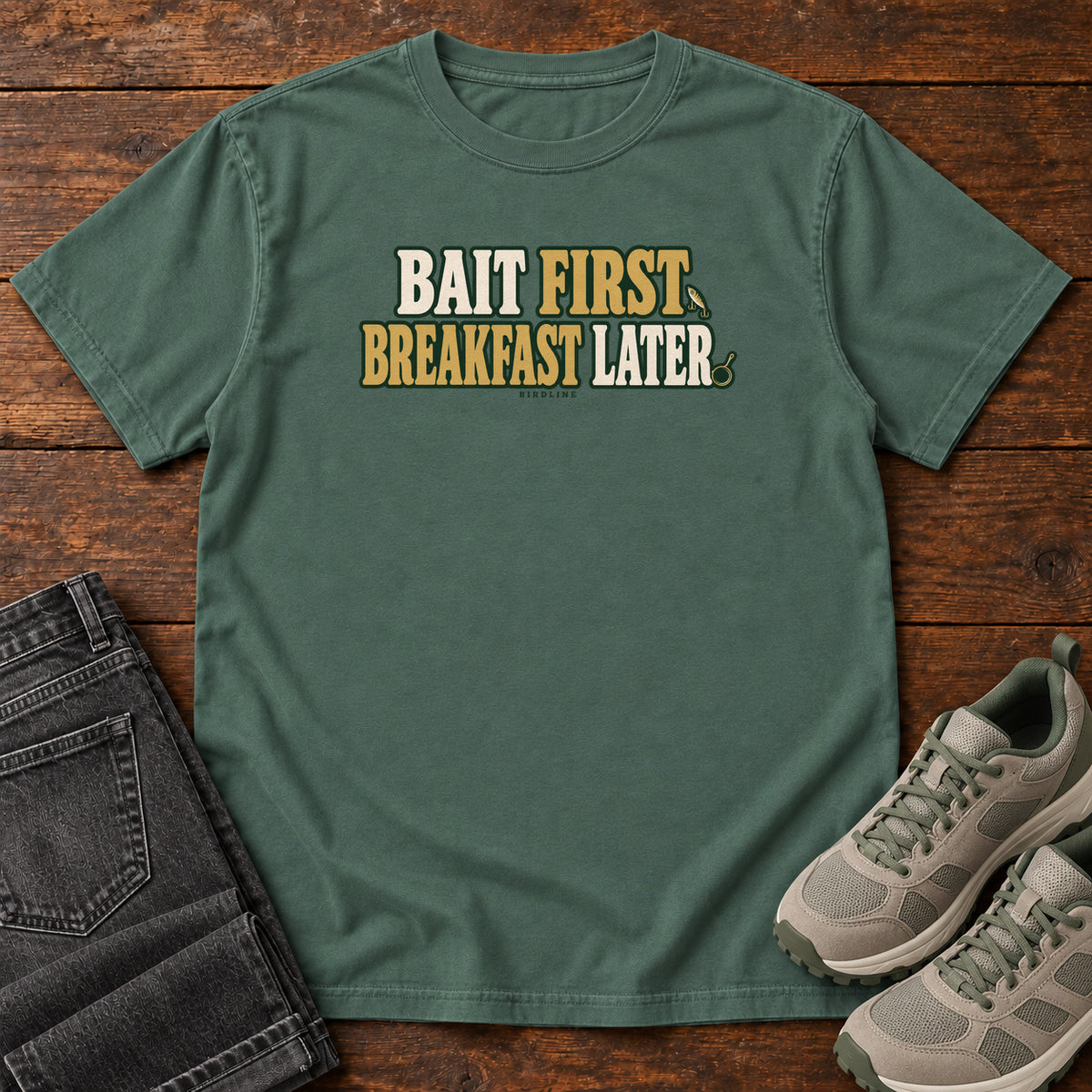 Blue Spruce Bait First Breakfast Later T-Shirt with cream and gold Bait First Breakfast Later lettering; front flat lay on wood.