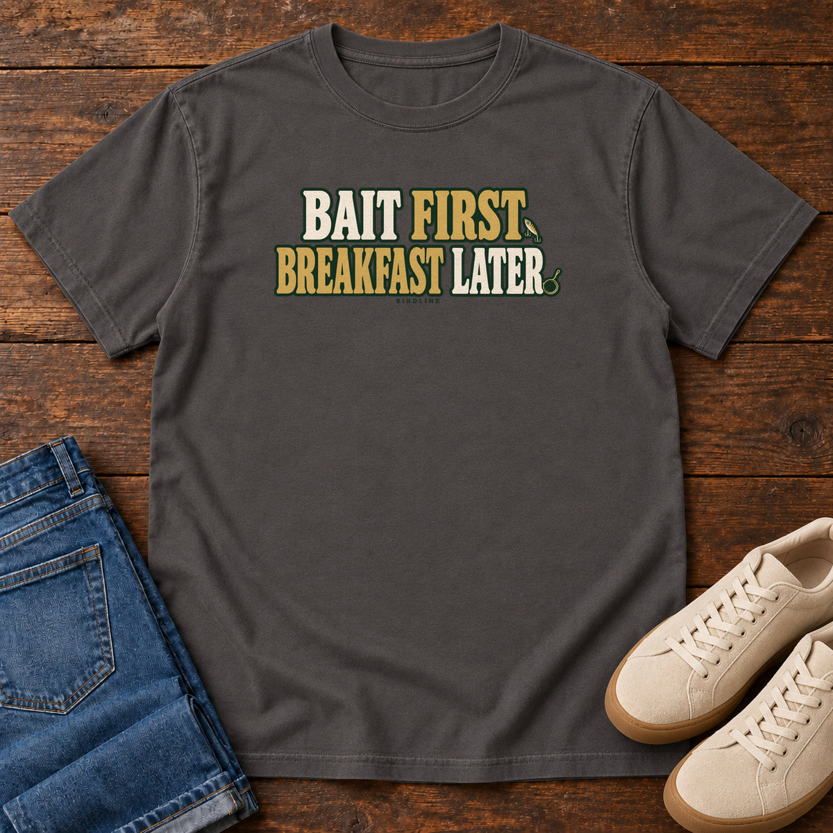 Graphite Bait First Breakfast Later T-Shirt with cream and gold Bait First Breakfast Later lettering; front flat lay on wood.