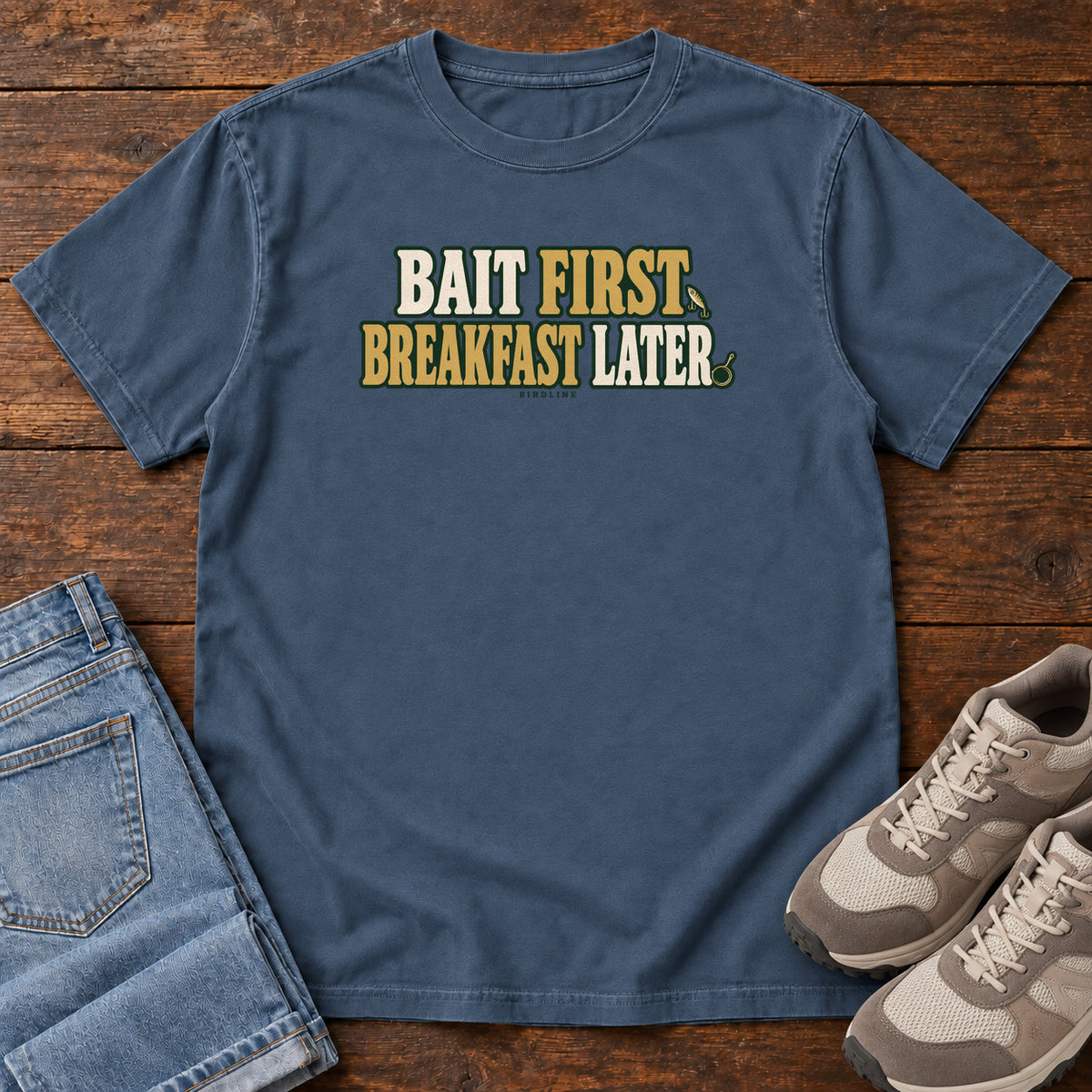 Midnight Bait First Breakfast Later T-Shirt with cream and gold Bait First Breakfast Later lettering; front flat lay on wood.