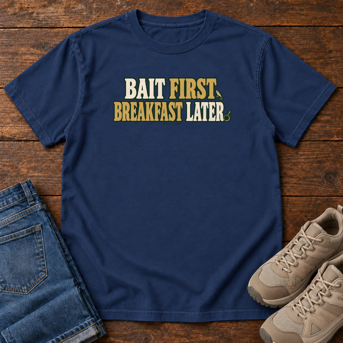 True Navy Bait First Breakfast Later T-Shirt with cream and gold Bait First Breakfast Later lettering; front flat lay on wood.