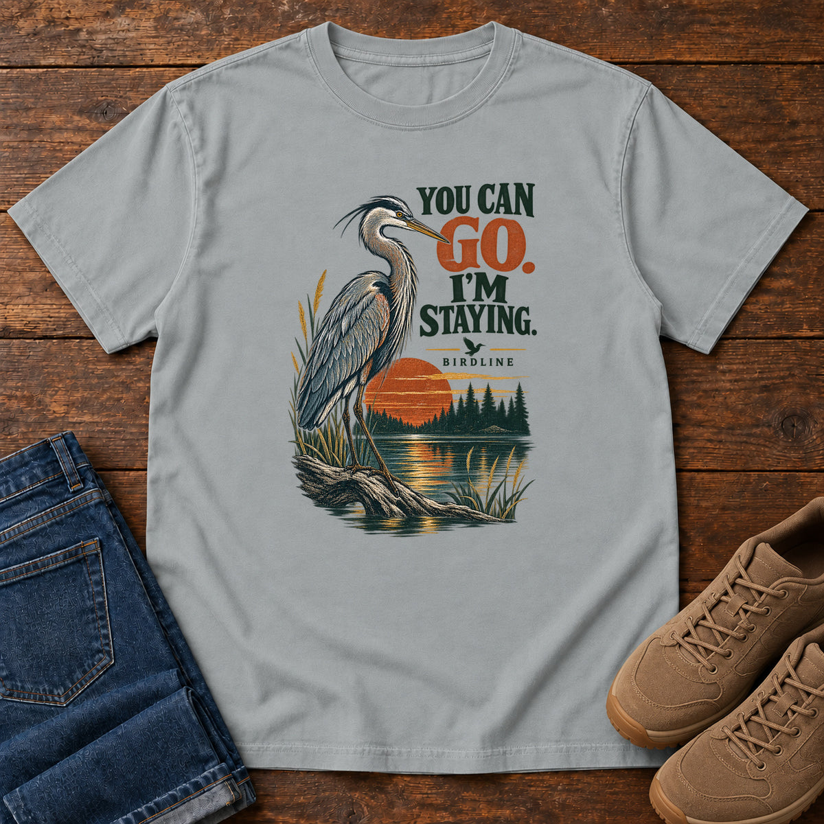 You Can Go I'm Staying Heron T-Shirt in Granite