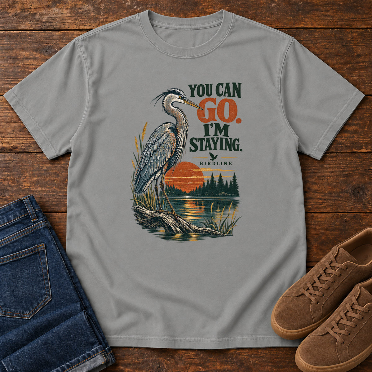 You Can Go I'm Staying Heron T-Shirt in Grey