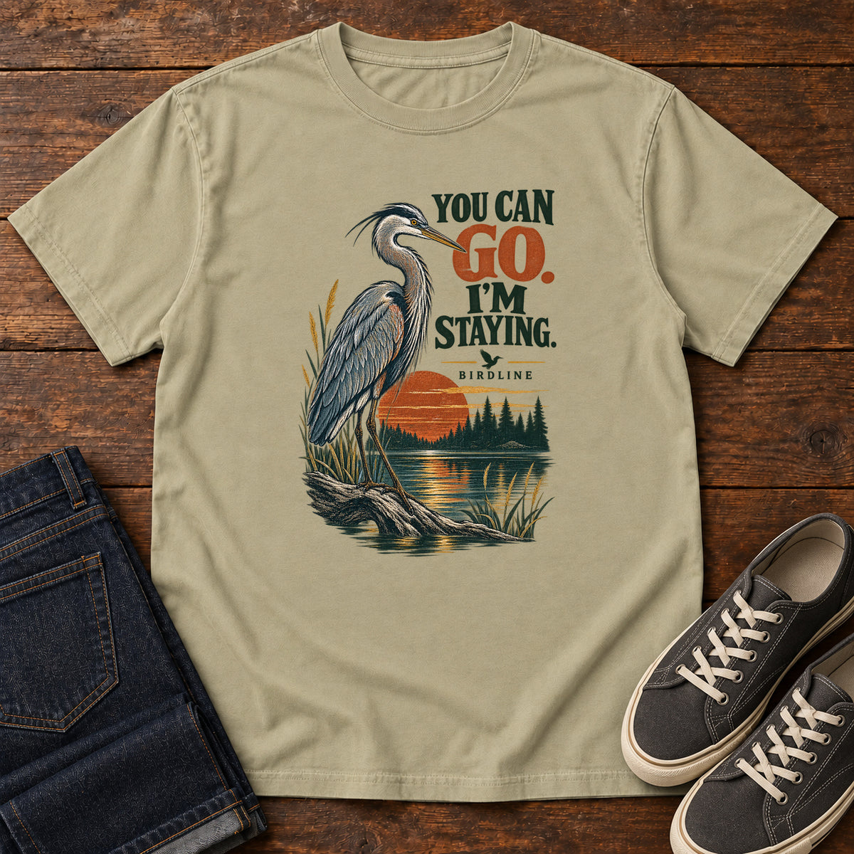 You Can Go I'm Staying Heron T-Shirt in Khaki