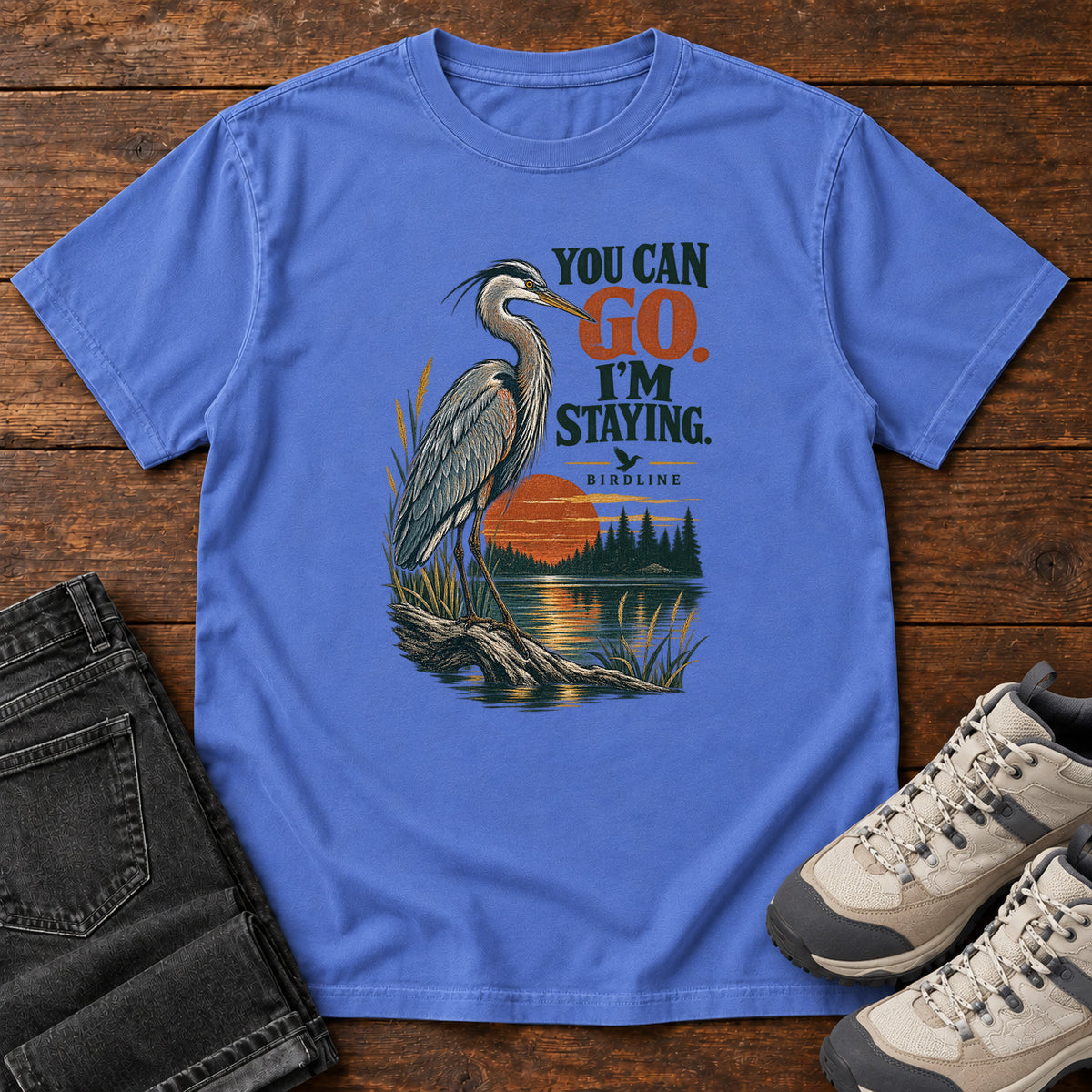 You Can Go I'm Staying Heron T-Shirt in Mystic Blue