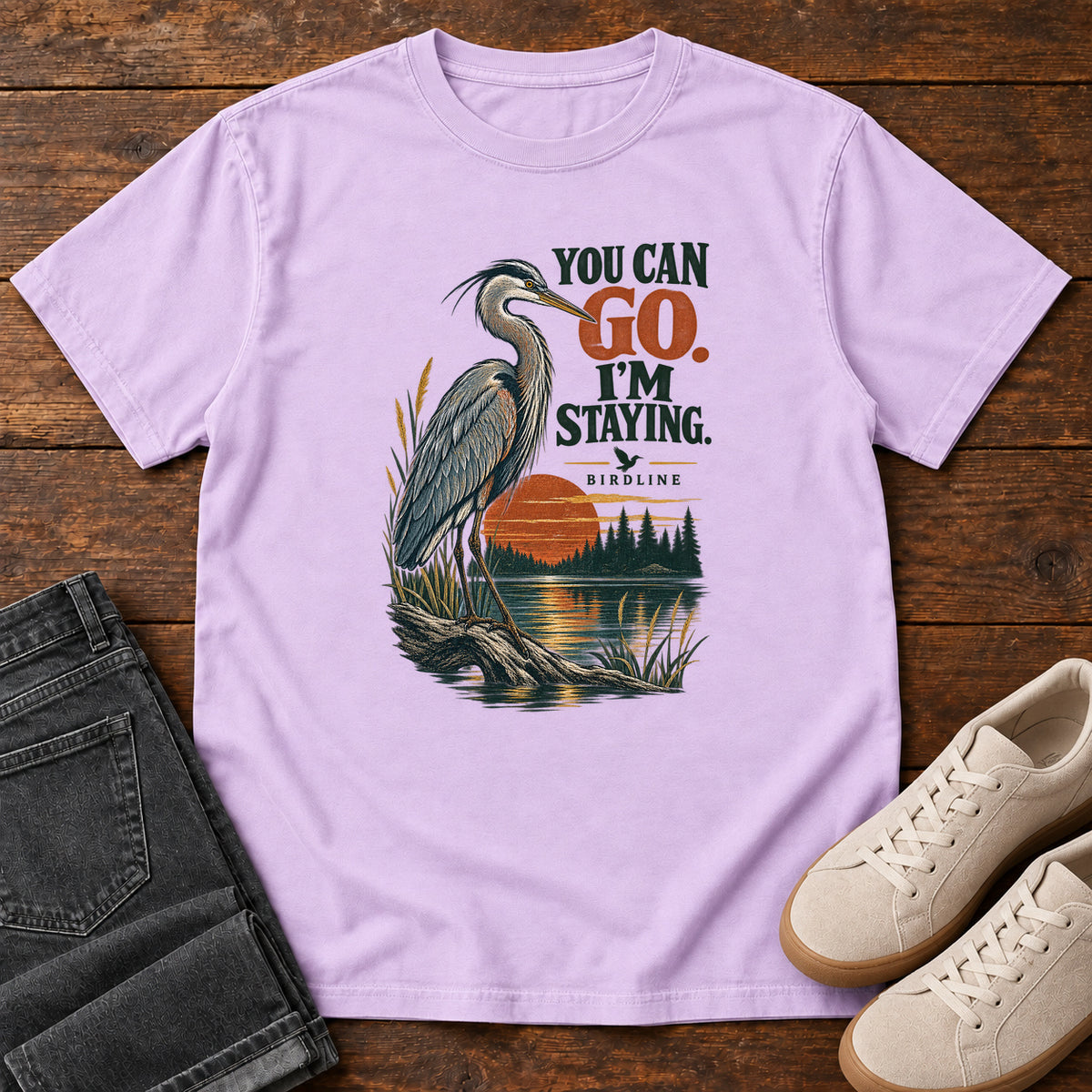 You Can Go I'm Staying Heron T-Shirt in Orchid