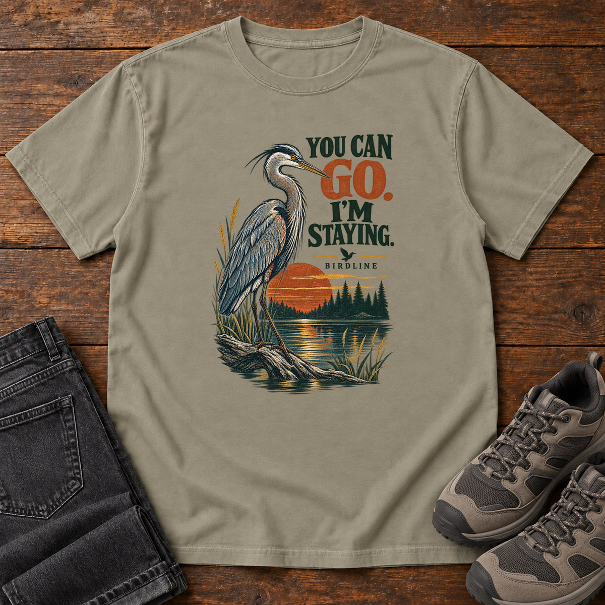 You Can Go I'm Staying Heron T-Shirt in Sandstone