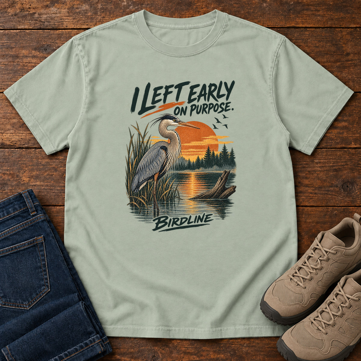 I Left Early on Purpose Heron T-Shirt in Bay, left side