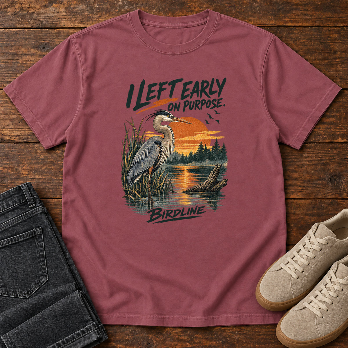 I Left Early on Purpose Heron T-Shirt in Brick, left side