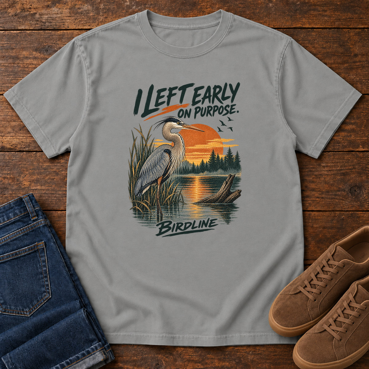 I Left Early on Purpose Heron T-Shirt in Grey, left side