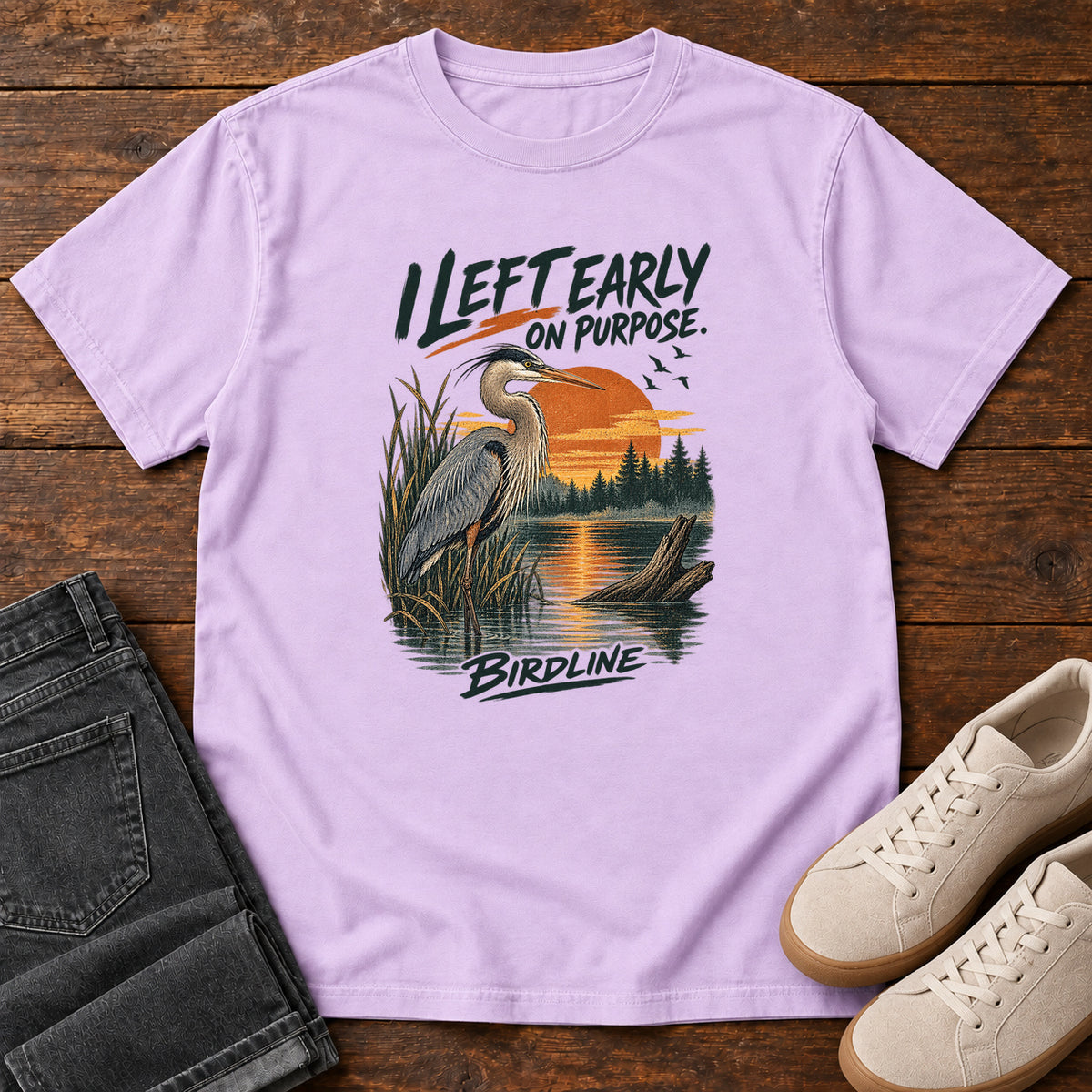 I Left Early on Purpose Heron T-Shirt in Orchid, left side