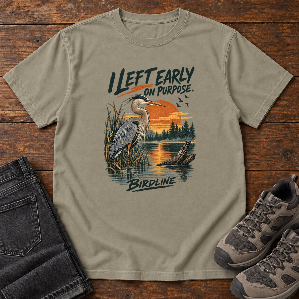 I Left Early on Purpose Heron T-Shirt in Sandstone, left side